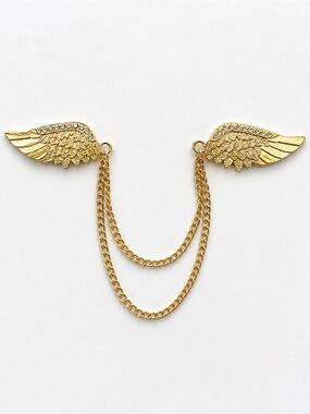 Angel Wing Double Pin Brooch with Draped Chains Gold Tone Rhinestone Lapel Pin